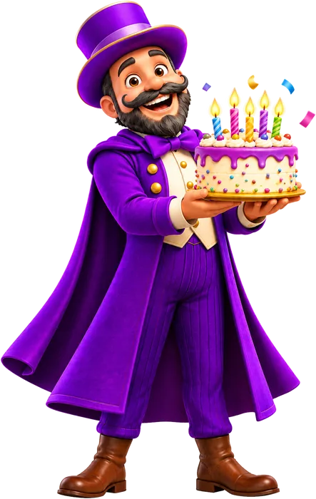 El mago de Magic Park con un pastel de cumpleaños